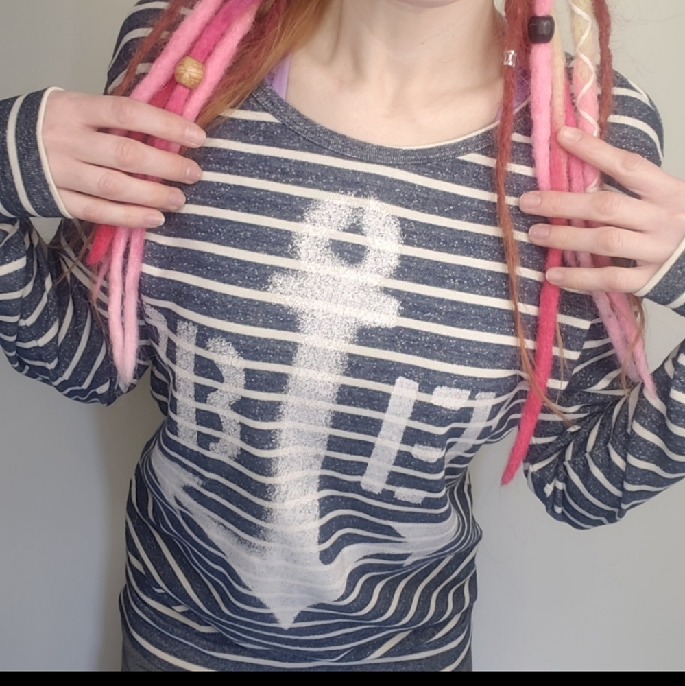 Obey Top Womens Long Sleeve Shirt Striped Blue Anchor Medium Spray Paint NEW - Picture 4 of 10